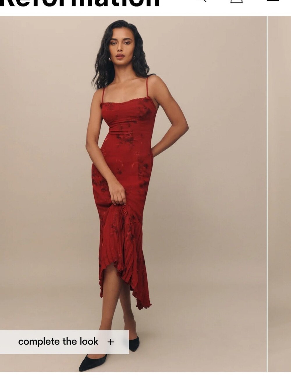Reformation Aiko Red Satin Cowl Midi Dress with Pleated Hem
